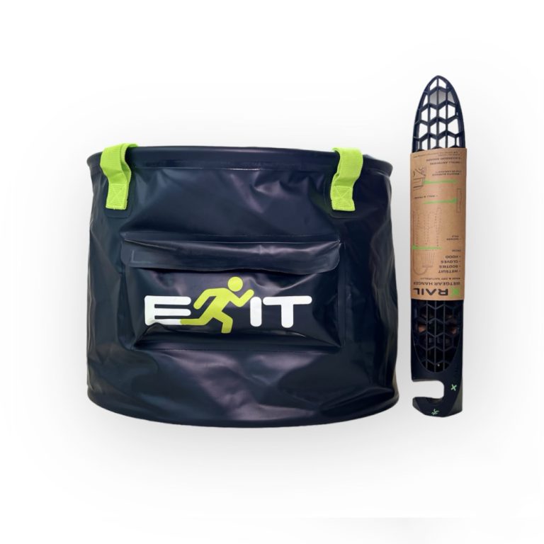 Exit Watersports wetsuit hanger with wetsuit changing bucket